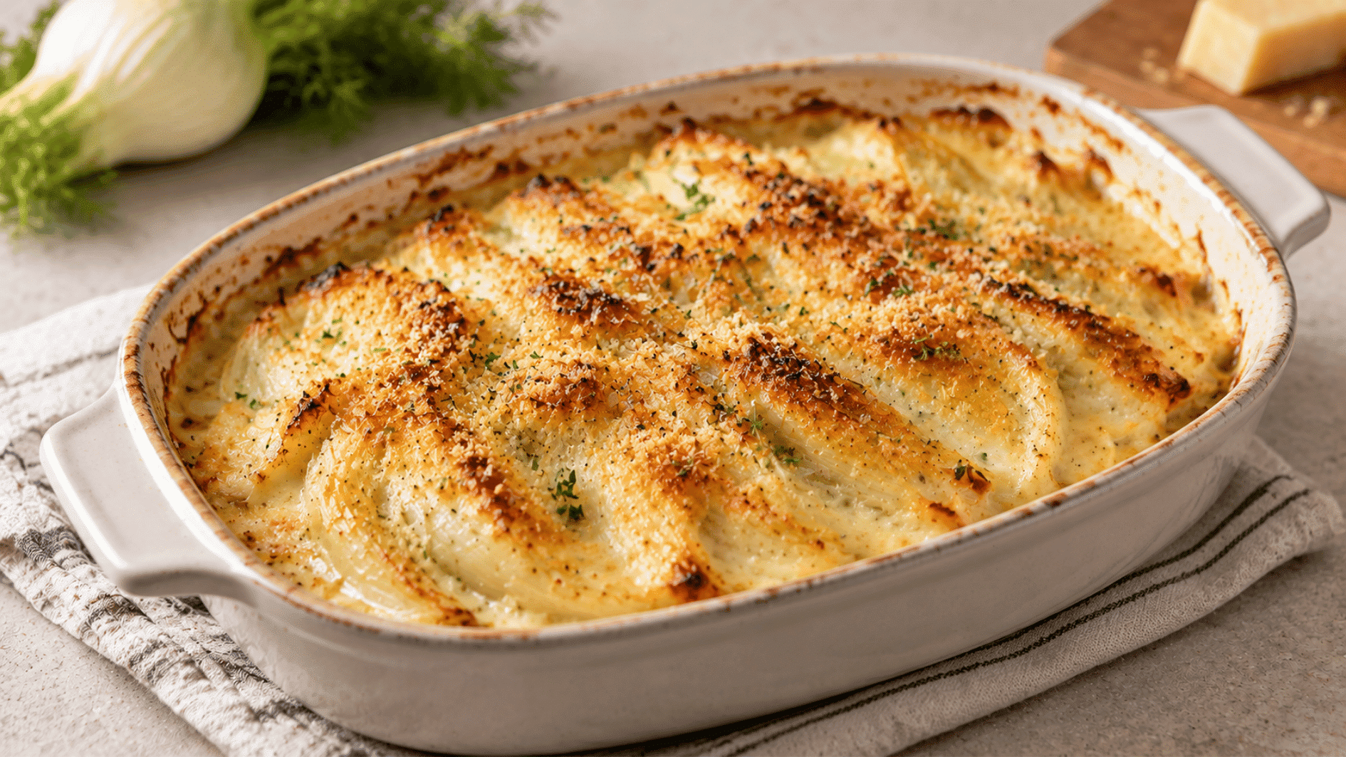 baked fennel gratin with a golden breadcrumb and herb topping in a casserole dish