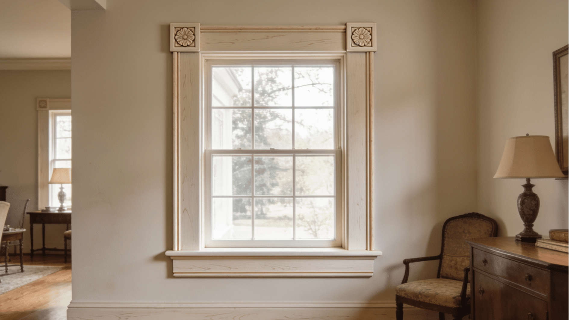 classic home interior with colonial window trim featuring routed edges and decorative rosette blocks around a wood framed window