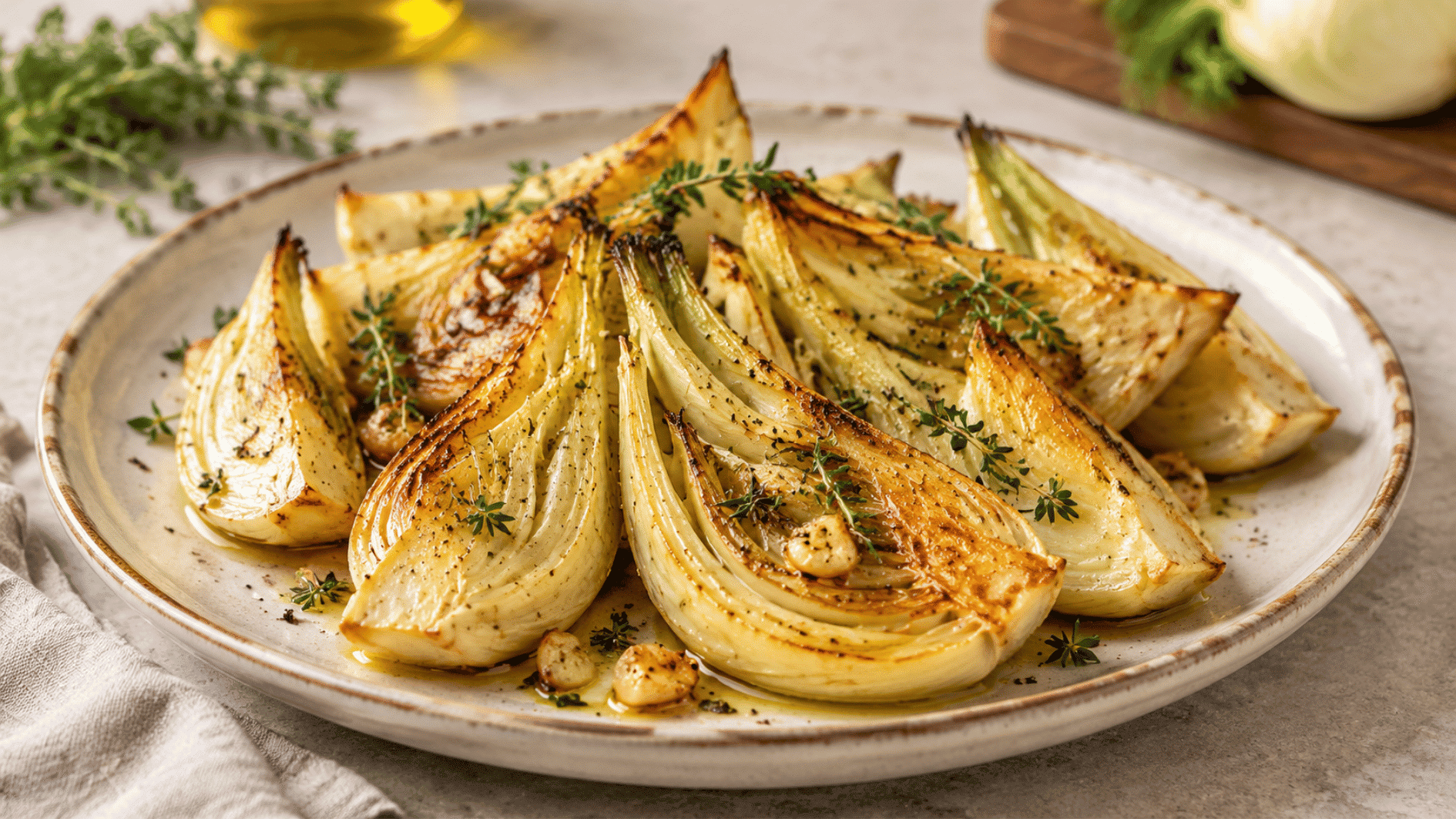 roasted fennel wedges with garlic, black pepper, and fresh thyme on a plate