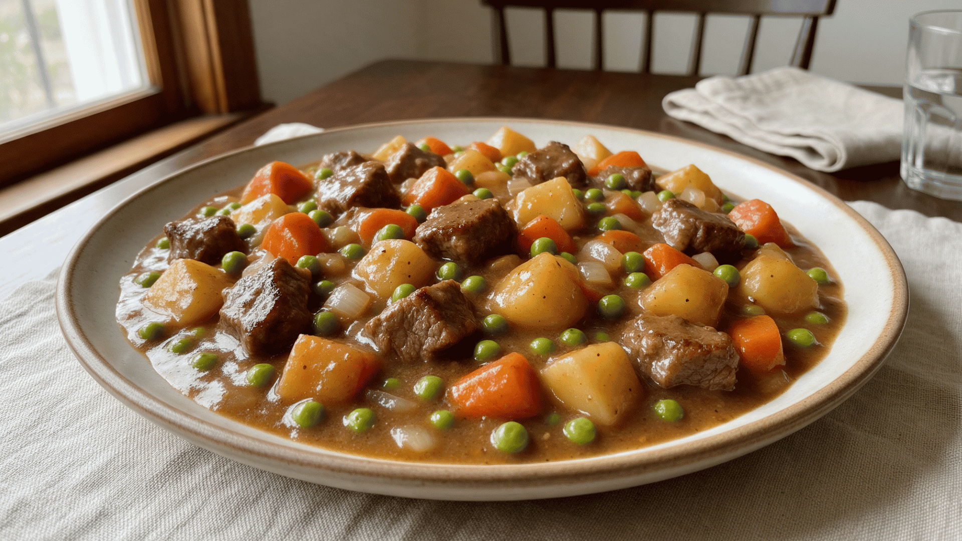 Full plate of tomato-free beef stew in brown gravy on a tablecloth-covered table