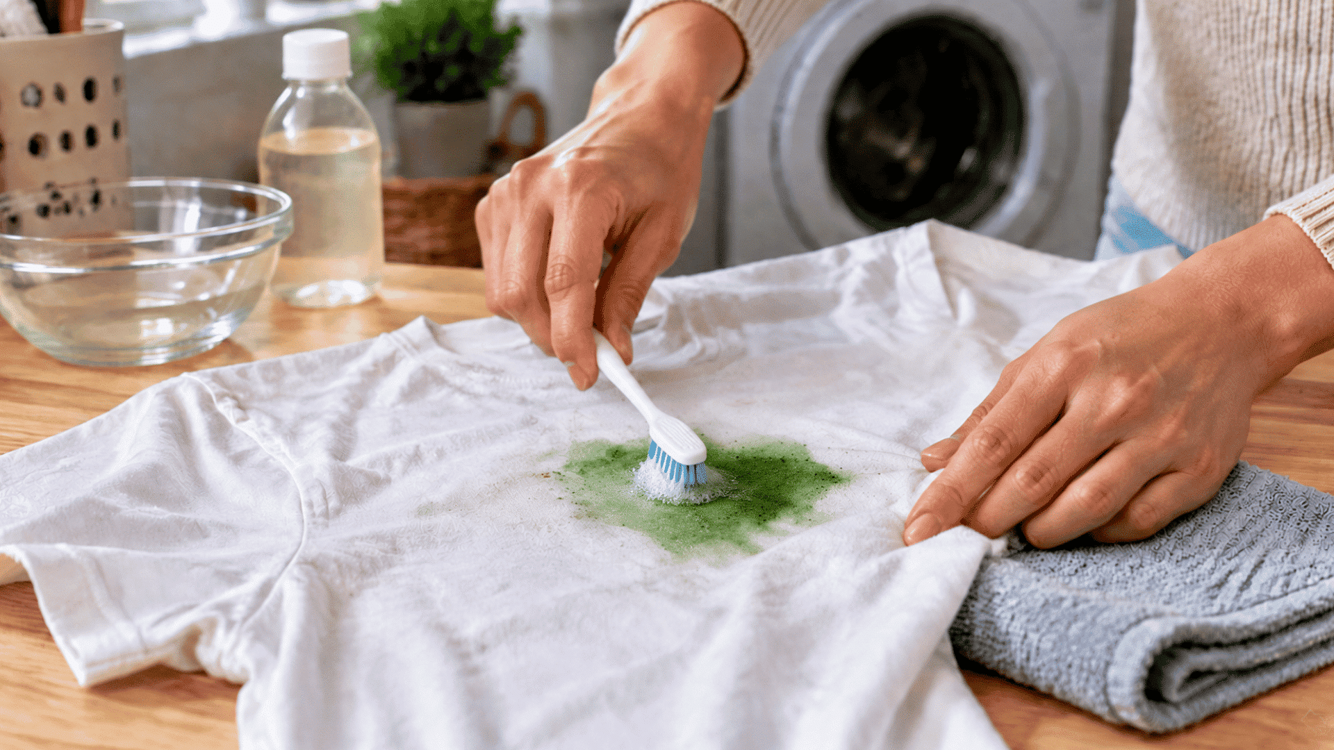 person scrubbing a green slime stain from a white shirt with a small brush before washing