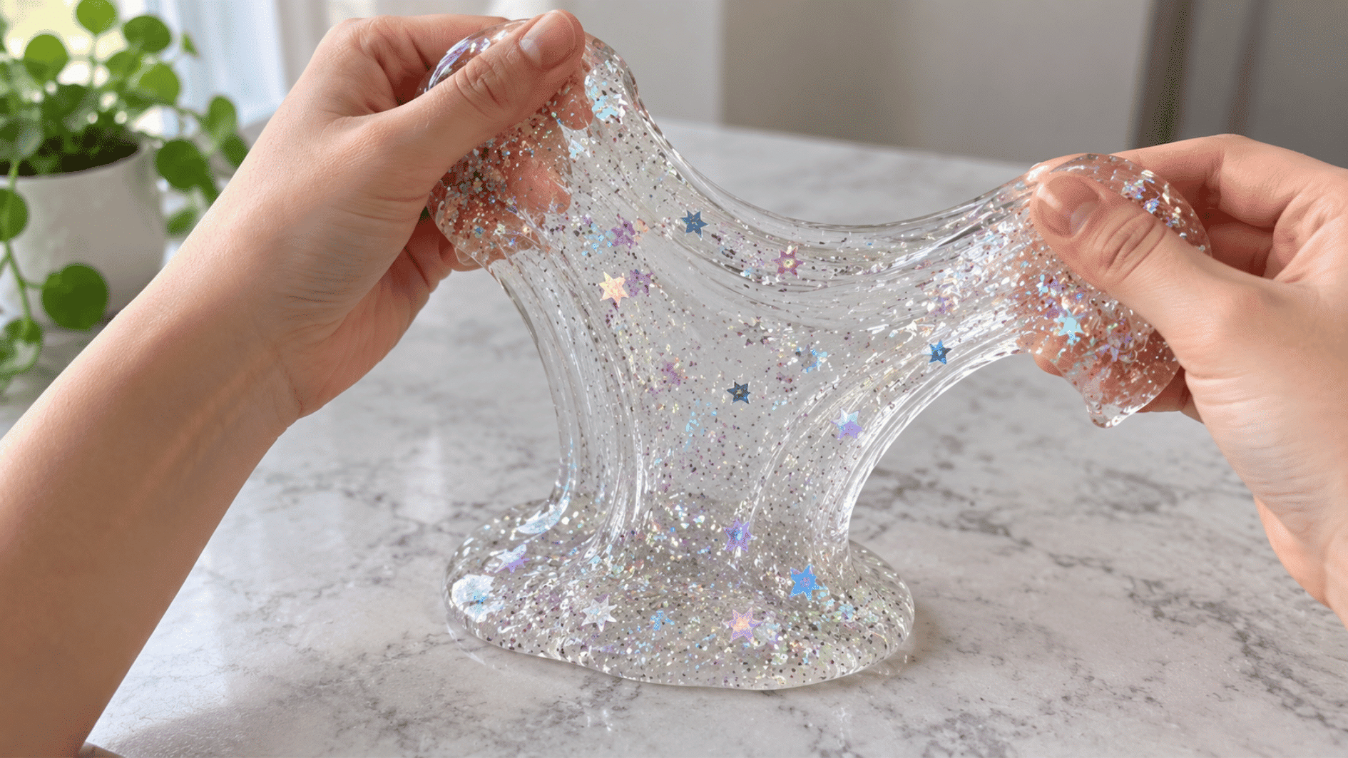 transparent clear slime with a glossy glass-like texture displayed in a clear container