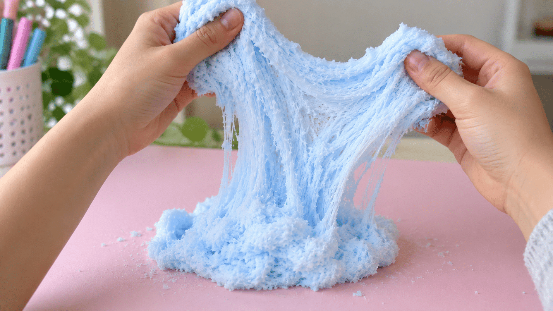 cloud slime with a light fluffy snow-like texture and soft fibrous strands in a clear container