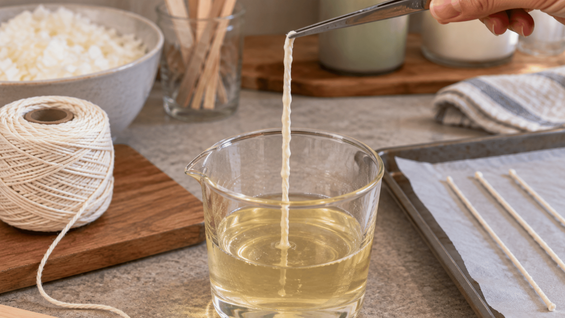 cotton string being dipped into melted candle wax with tweezers to coat the fibers evenly