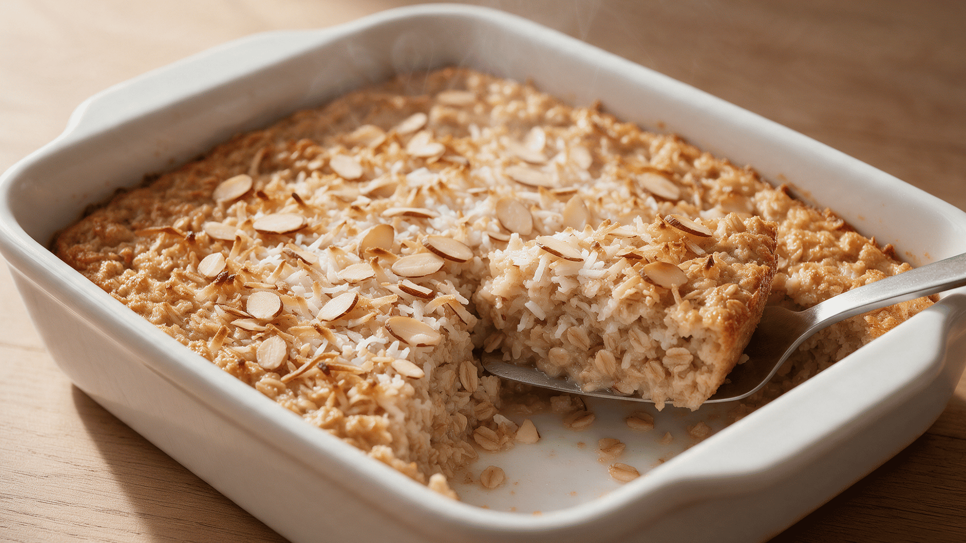 coconut almond baked oatmeal with toasted coconut, sliced almonds, and a lightly golden oat topping