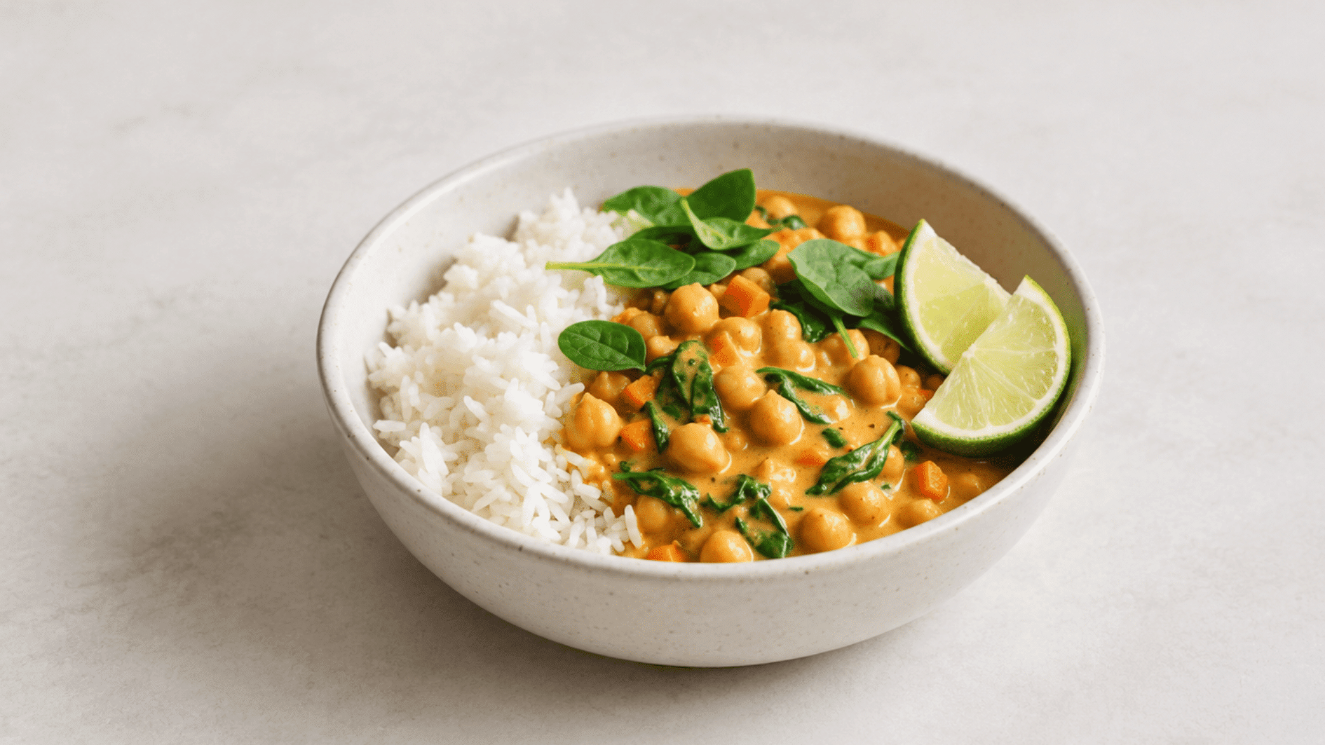 coconut curry chickpea rice bowl with creamy chickpeas rice vegetables and fresh lime topping