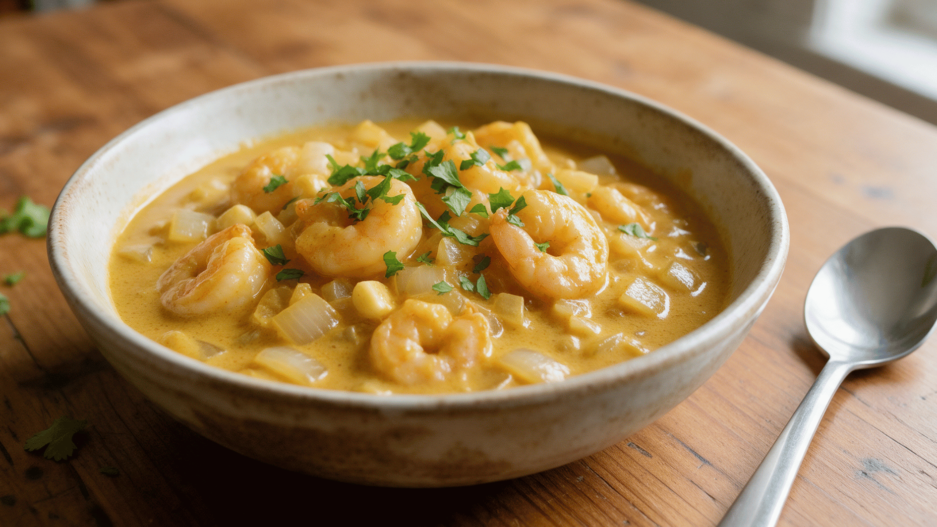 coconut curry shrimp in a creamy golden sauce with onion and cilantro served in a ceramic bowl