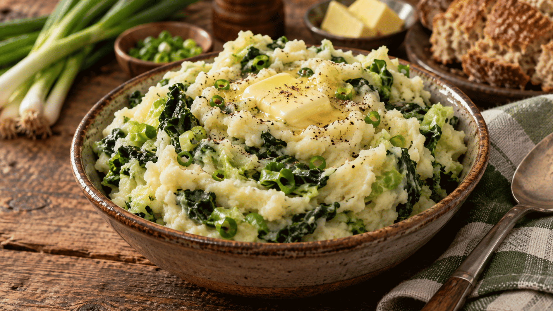 creamy colcannon mashed potatoes with cabbage, scallions, and melted butter served in a rustic bowl