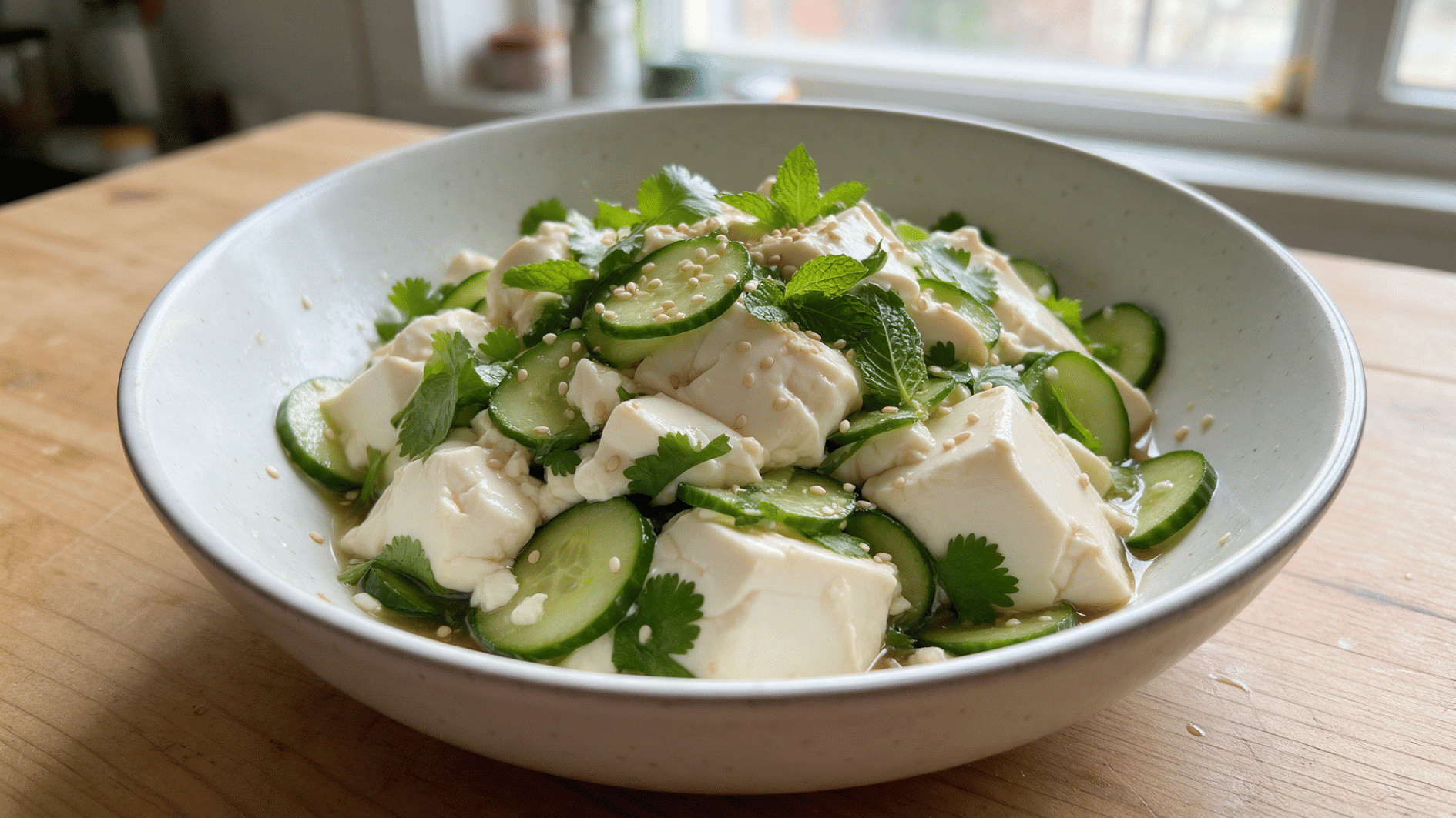 cold silken tofu salad with cucumber fresh herbs lime dressing and sesame seeds