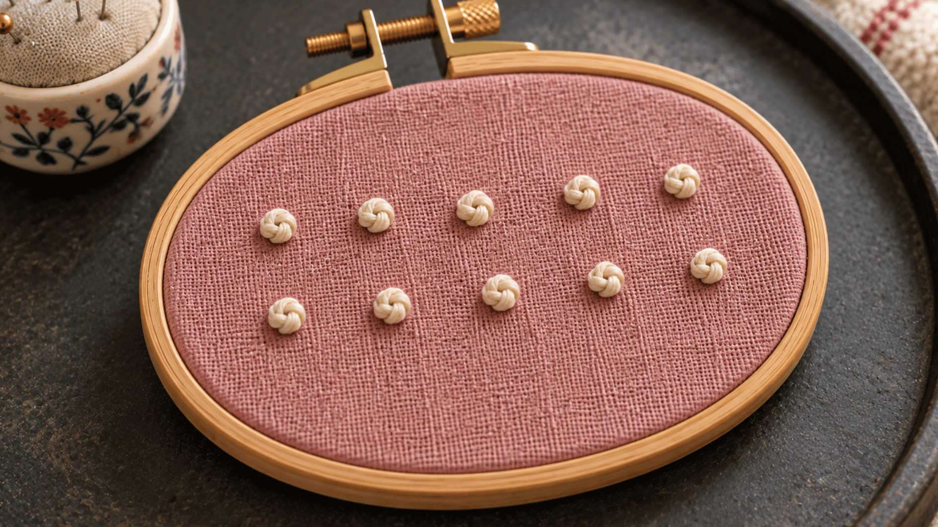 ivory colonial knot embroidery on dusty rose cotton showing compact rounded raised knots in simple rows