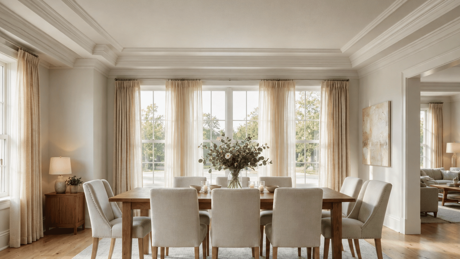 contemporary dining room with layered crown molding design