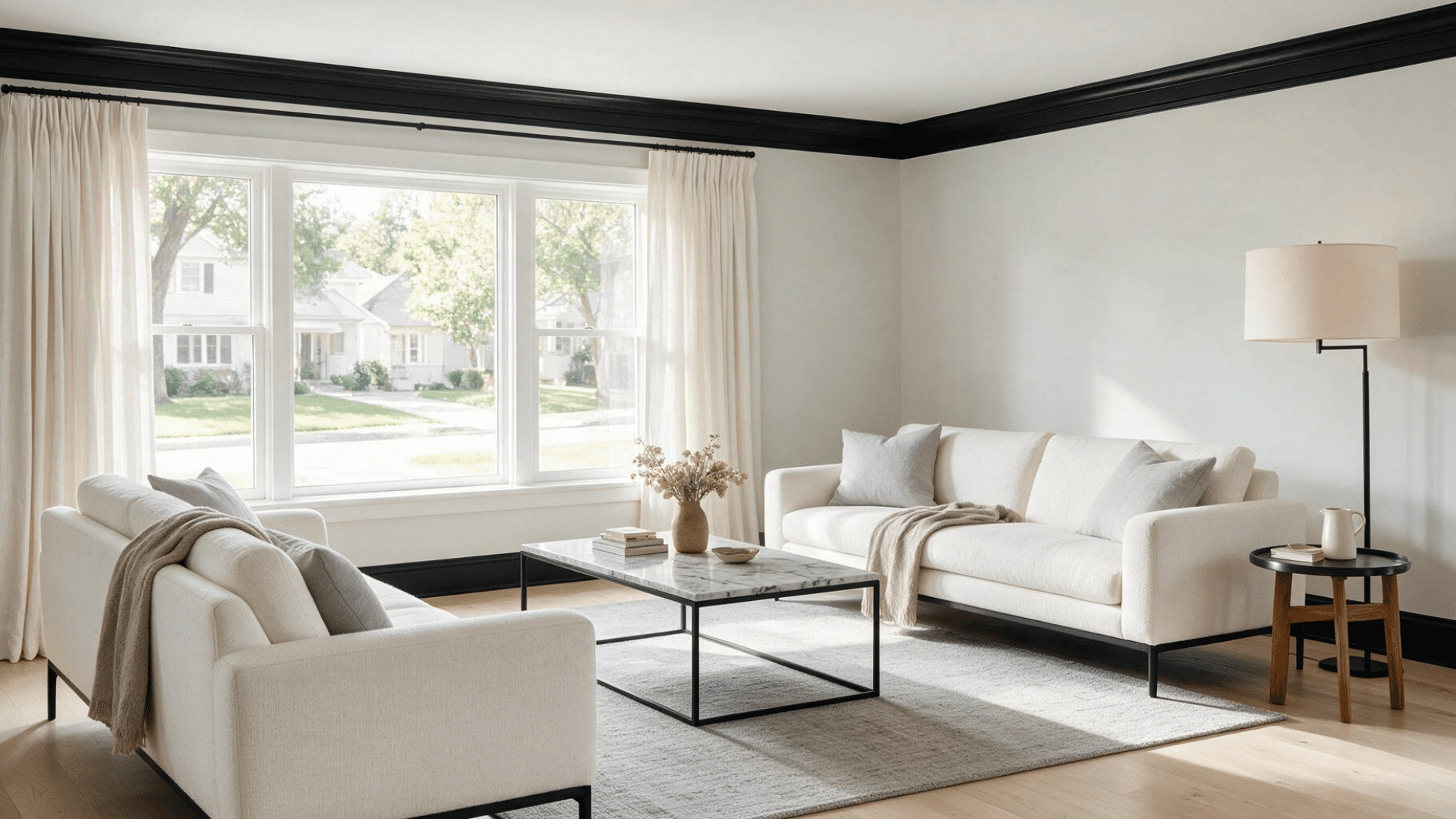 contemporary living room with black crown molding contrasting light walls and ceiling
