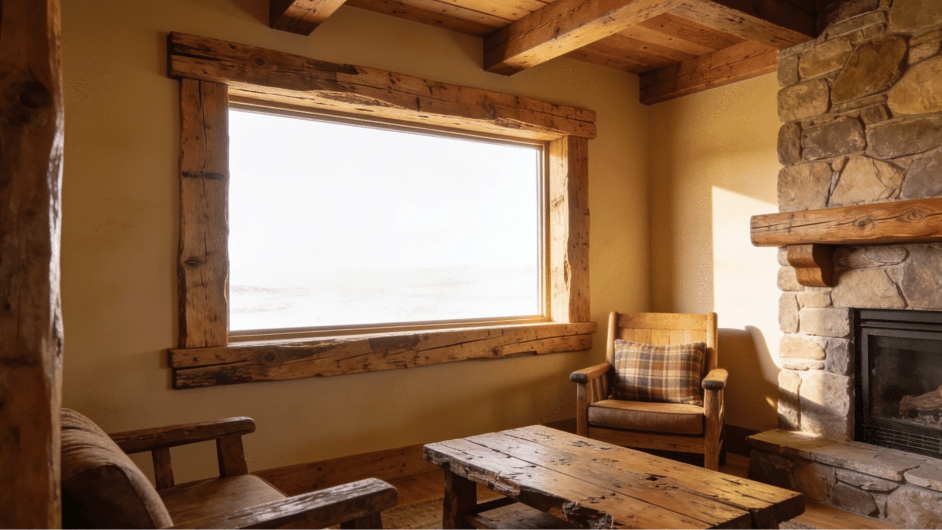 cozy cabin interior with rustic wood window trim using thick reclaimed boards and natural finish around a large window frame
