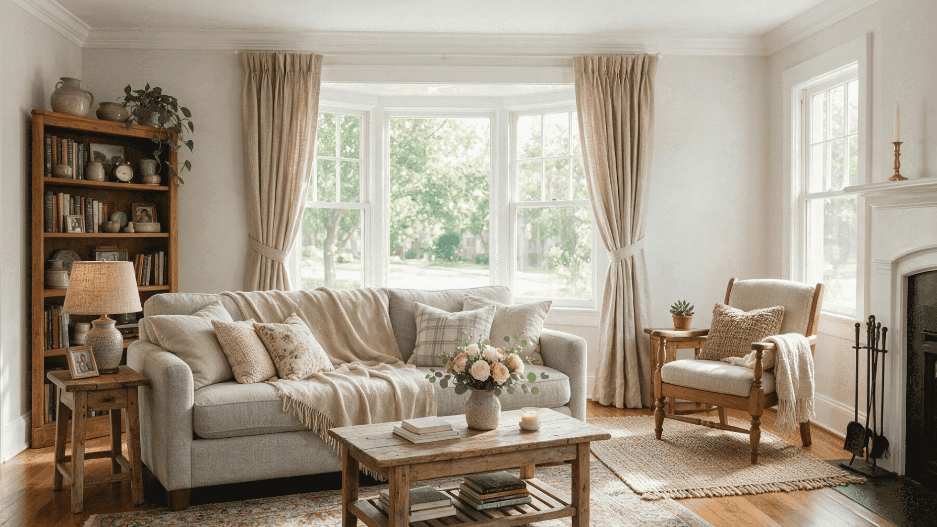 cozy living room with classic white crown molding and fireplace