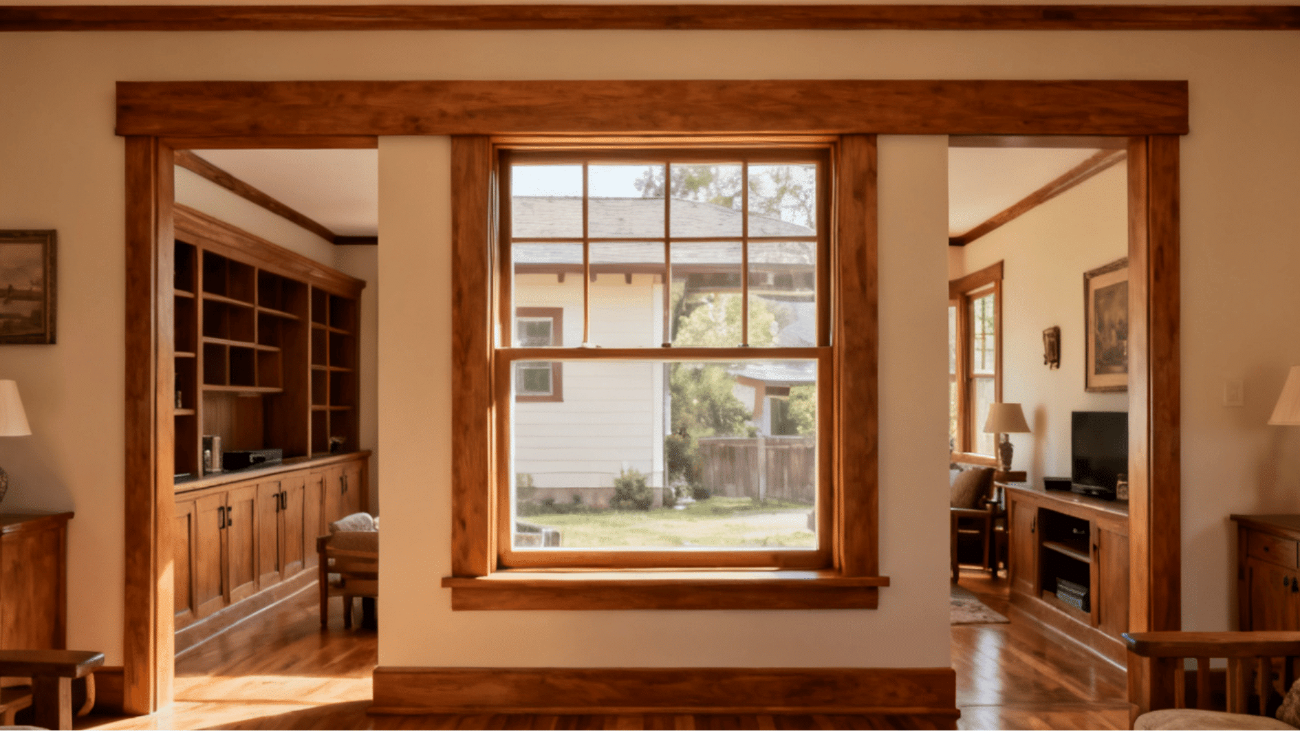 craftsman bungalow interior with wide flat window trim and horizontal header board around a wood framed window design