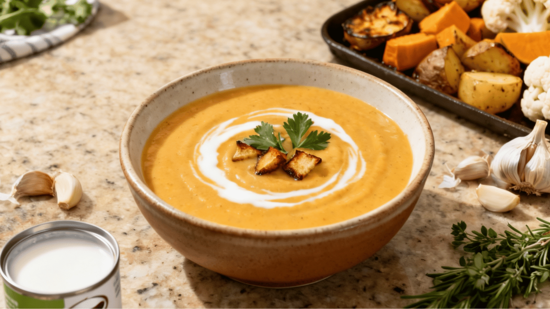 creamy dairy free vegetable soup with blended squash cauliflower coconut milk and herbs in a bowl