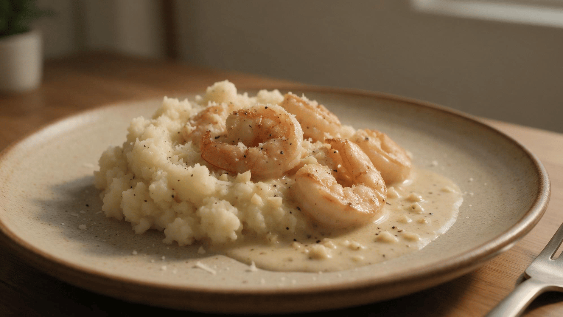 creamy garlic shrimp over rustic cauliflower mash with parmesan on a warm stoneware dinner plate