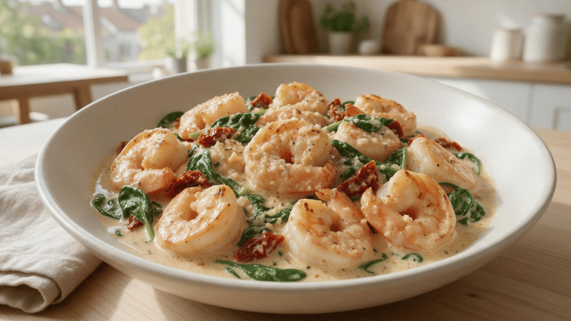 creamy tuscan shrimp with wilted spinach and sun-dried tomatoes served in a shallow ceramic bowl
