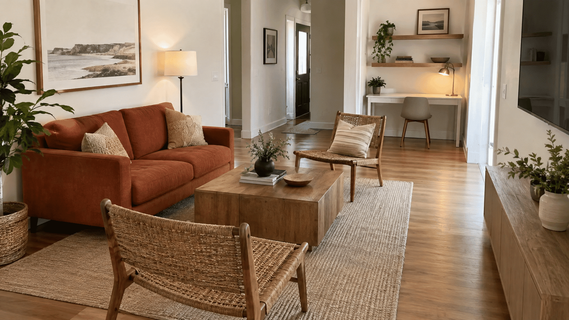 terracotta loveseat and woven chairs near a compact desk at the end of a long living room
