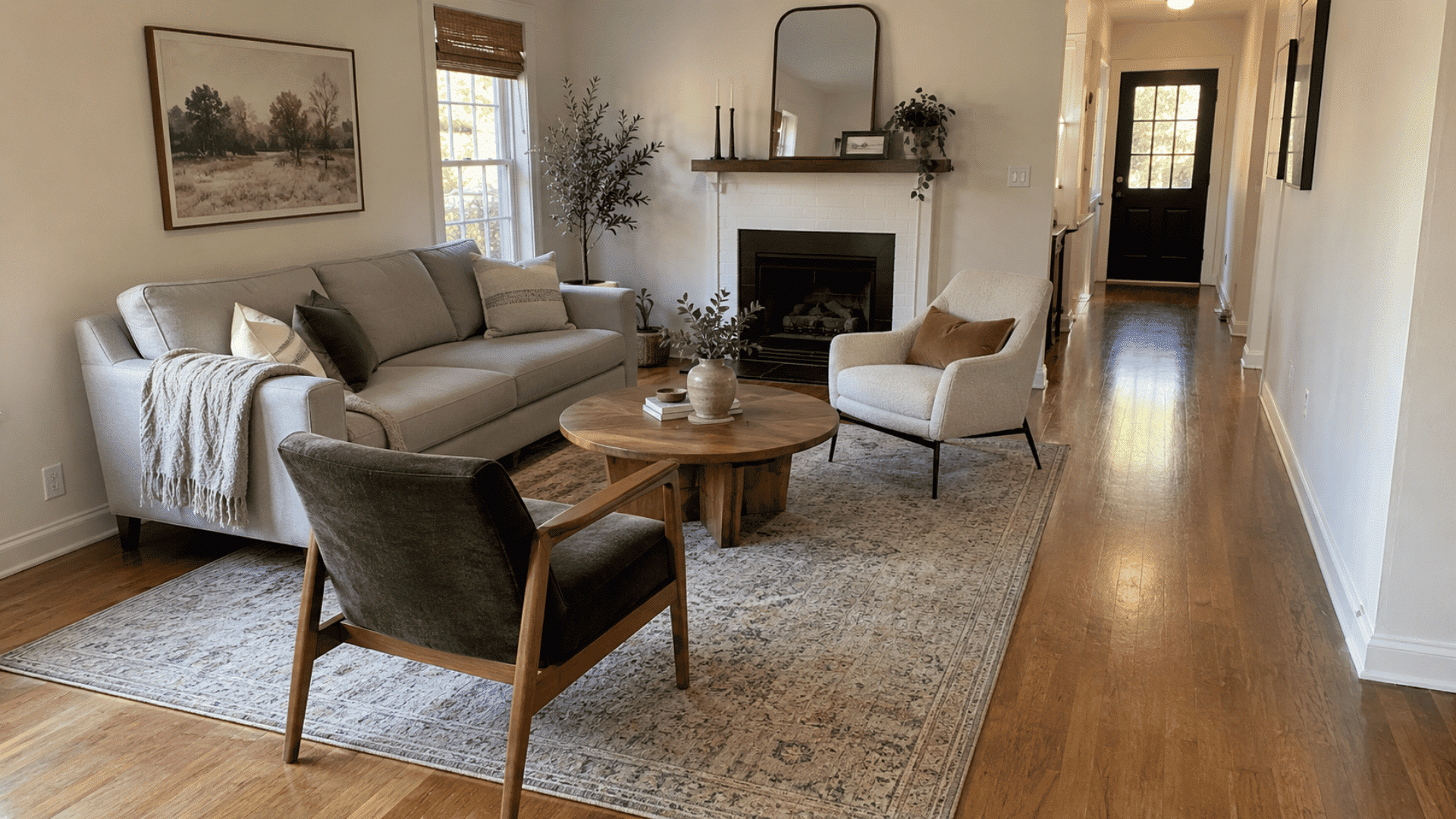 long living room with a sofa, two accent chairs, round table, and clear side walkway