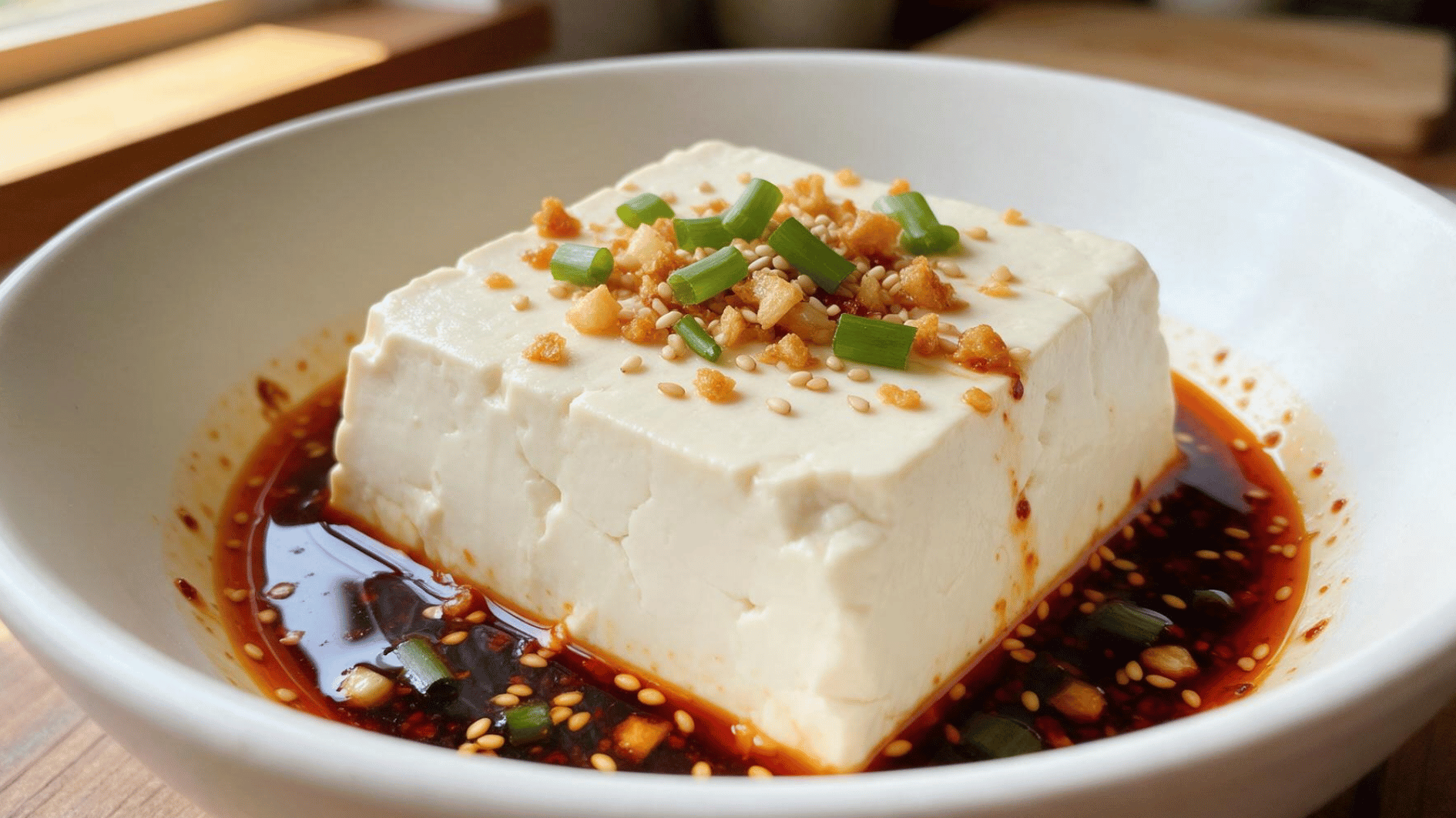 silken tofu with crispy garlic chili oil scallions and sesame seeds