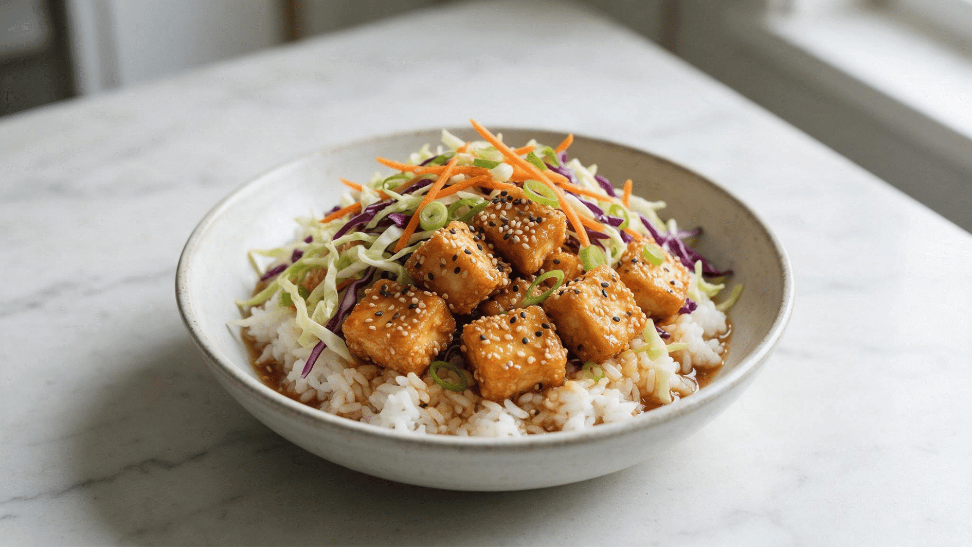crispy sesame tofu rice bowl with tofu cubes rice cabbage carrots and sesame toppings