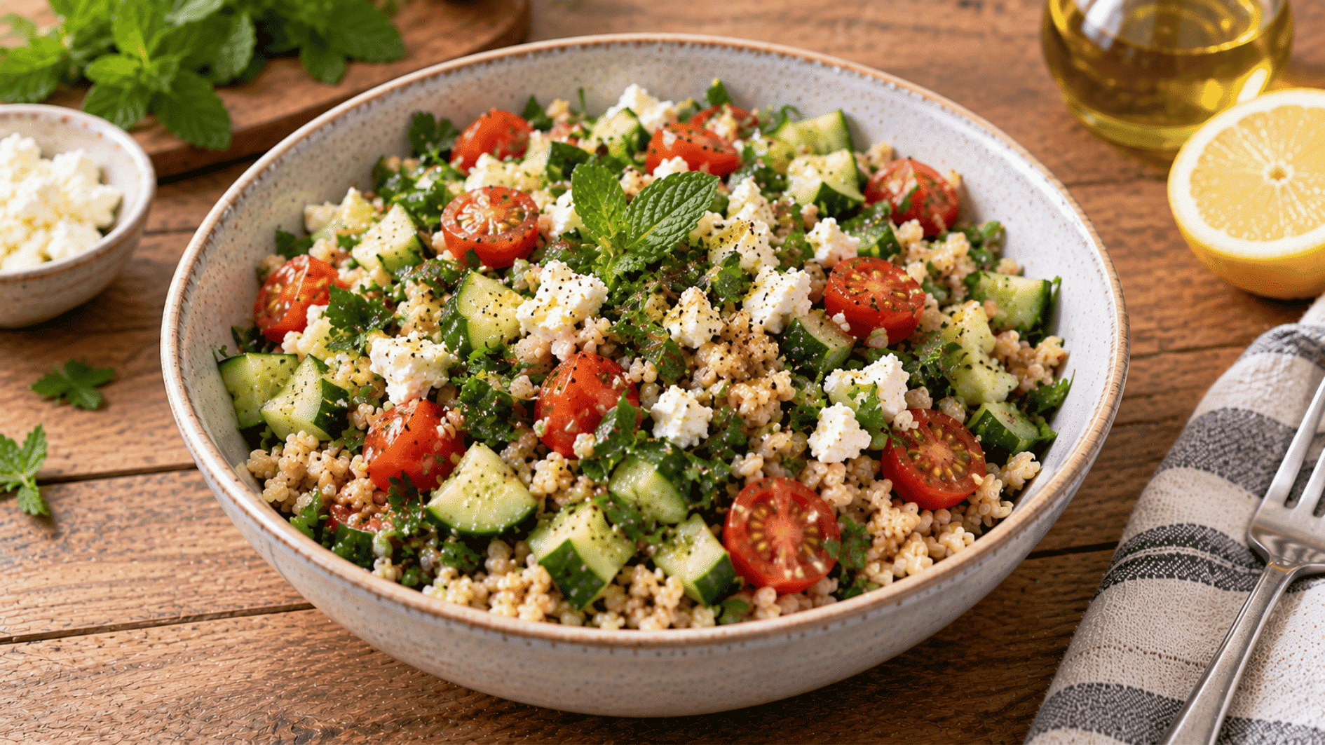 cucumber herb bulgur bowl with tomatoes parsley mint feta and lemon olive oil dressing