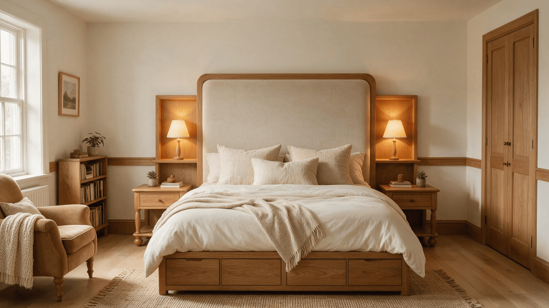 custom bed with upholstered headboard built-in drawers and bedside shelving