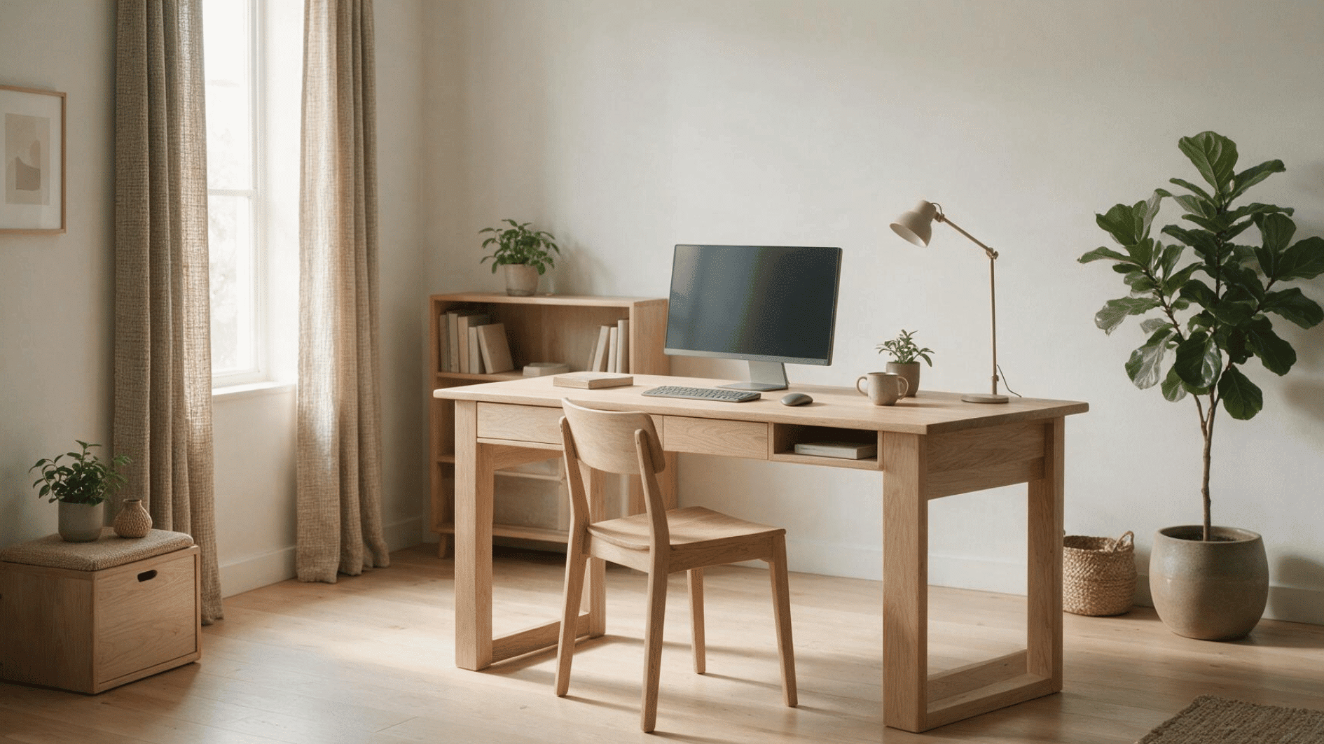 minimal home office with wooden desk, computer, chair, houseplants, and soft natural light Your file library is full. New files won't be saved to your library, but you can still use them in this chat. To store new files for later, free up space. Manage