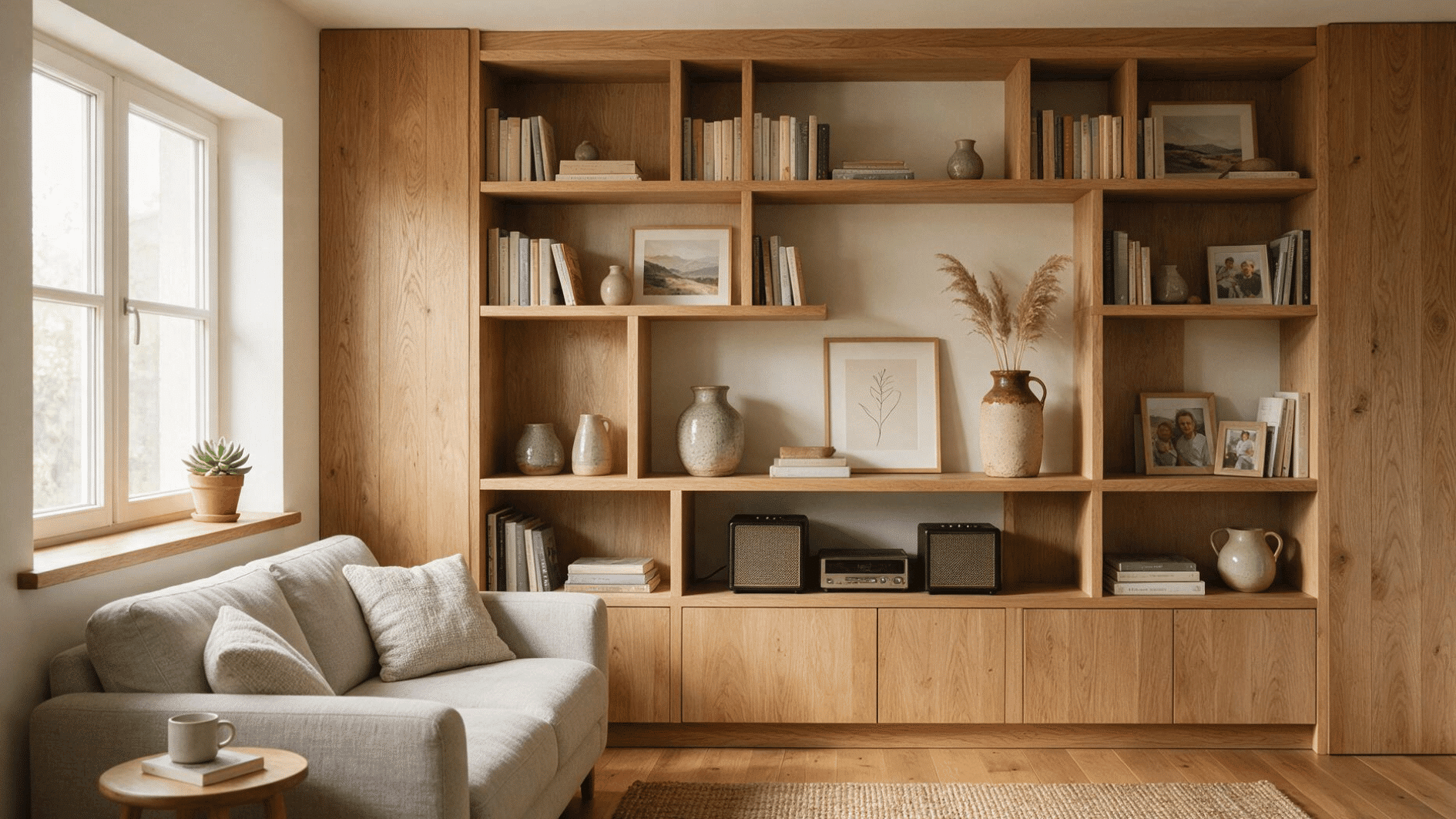 custom wall shelving with varied shelf heights for books decor and storage items