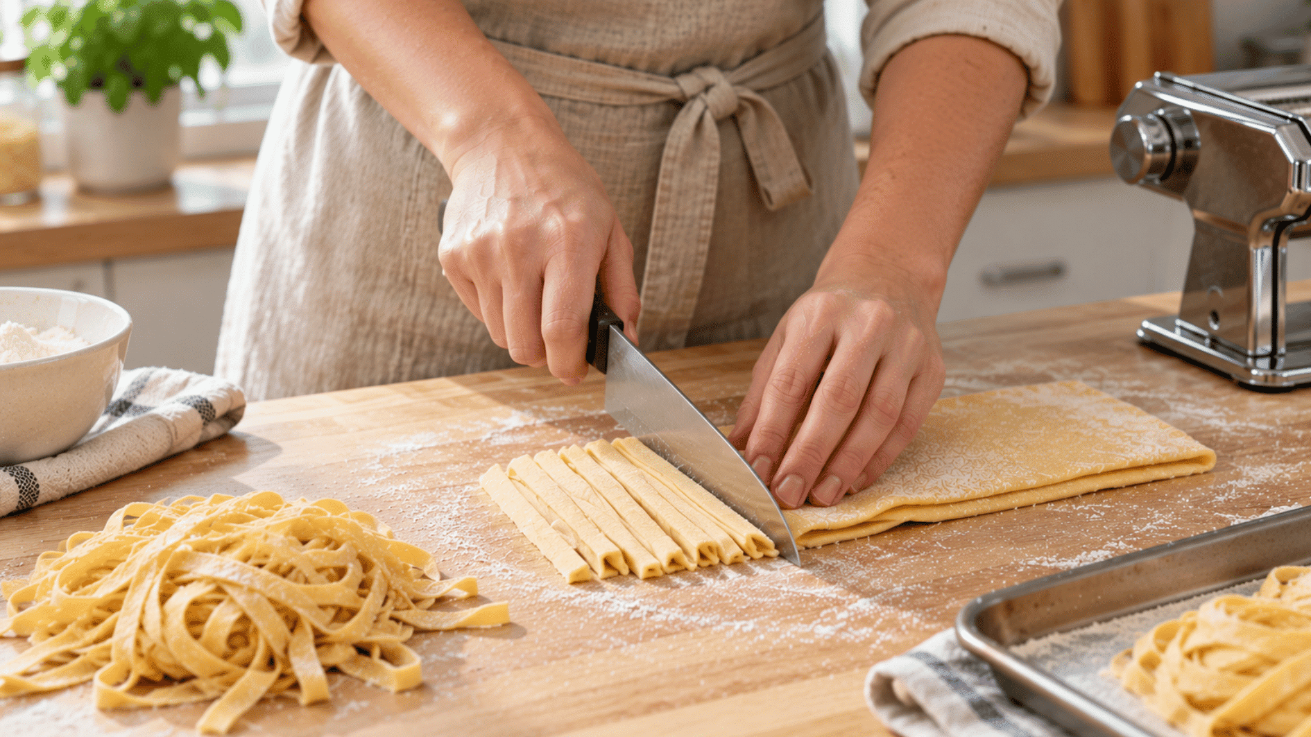 rolled fresh pasta sheet being cut into ribbon noodles on a wooden counter
