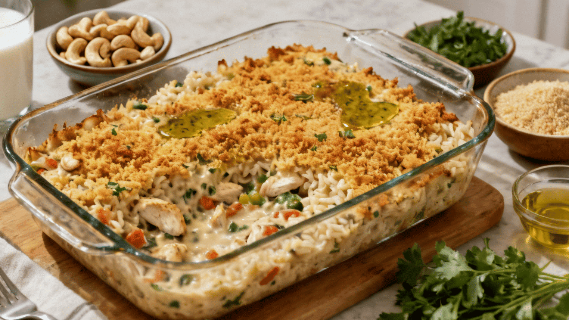 dairy free casserole with creamy chicken rice filling and crispy breadcrumb topping in a baking dish