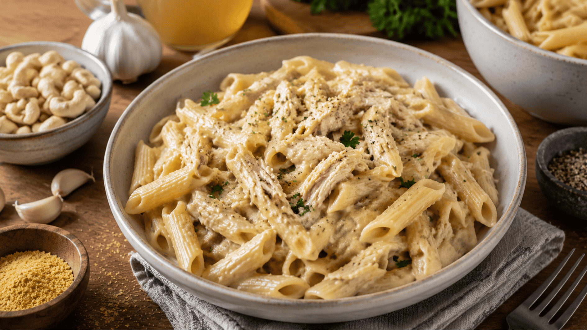 dairy free chicken pasta with creamy cashew sauce penne noodles and shredded chicken in a bowl