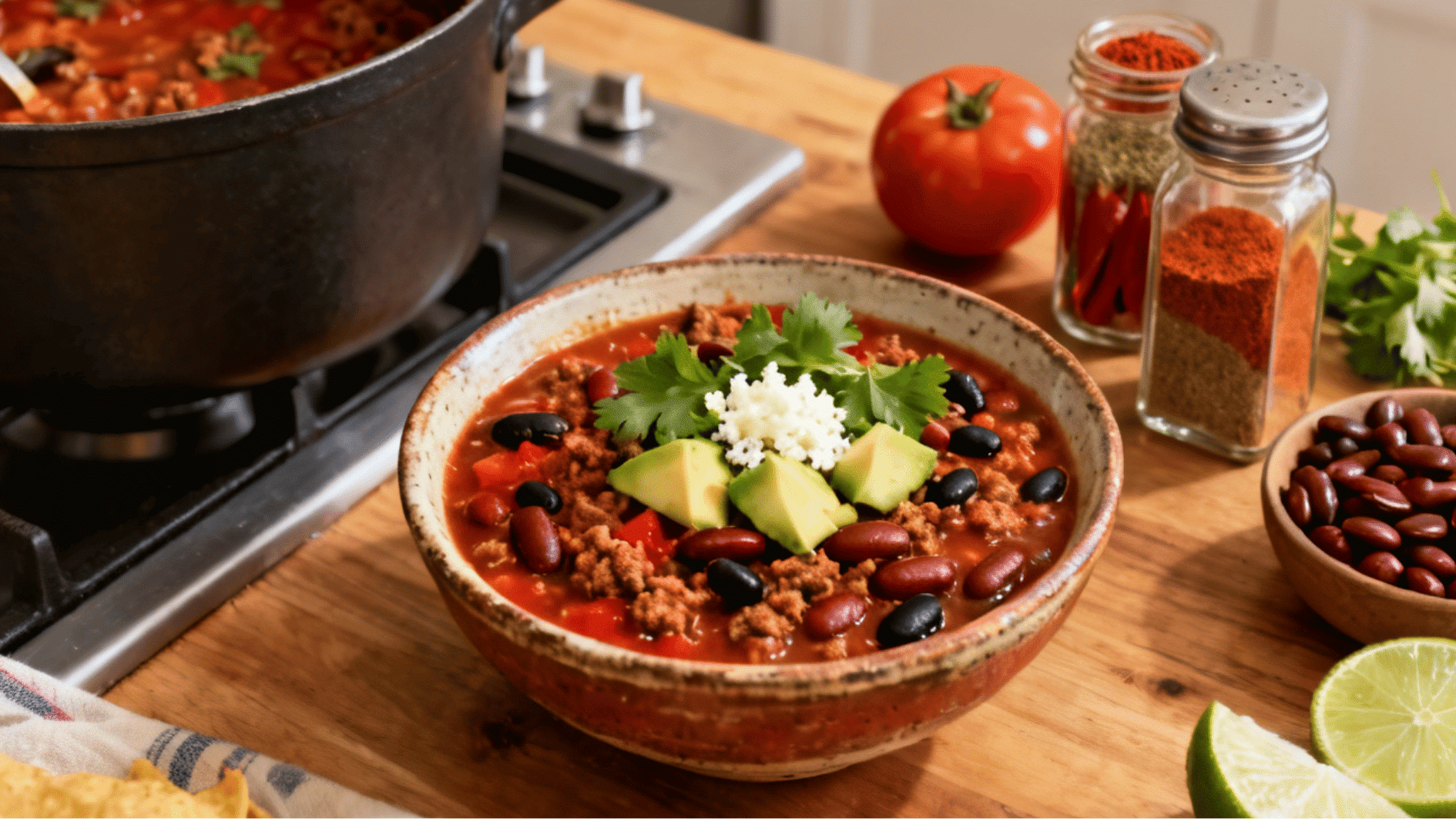dairy free chili with beans ground meat tomatoes avocado and fresh toppings in a bowl