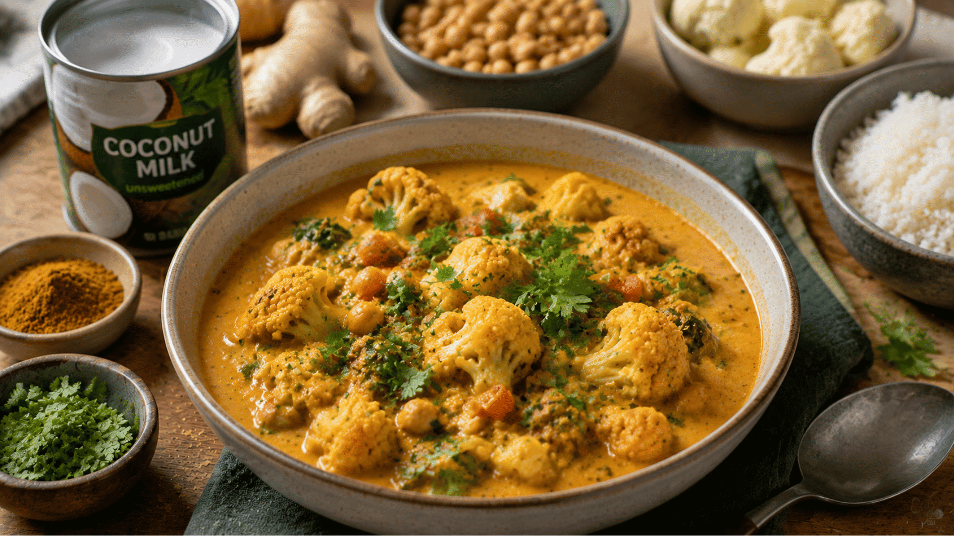 dairy free coconut curry with cauliflower chickpeas and creamy coconut milk sauce in a bowl
