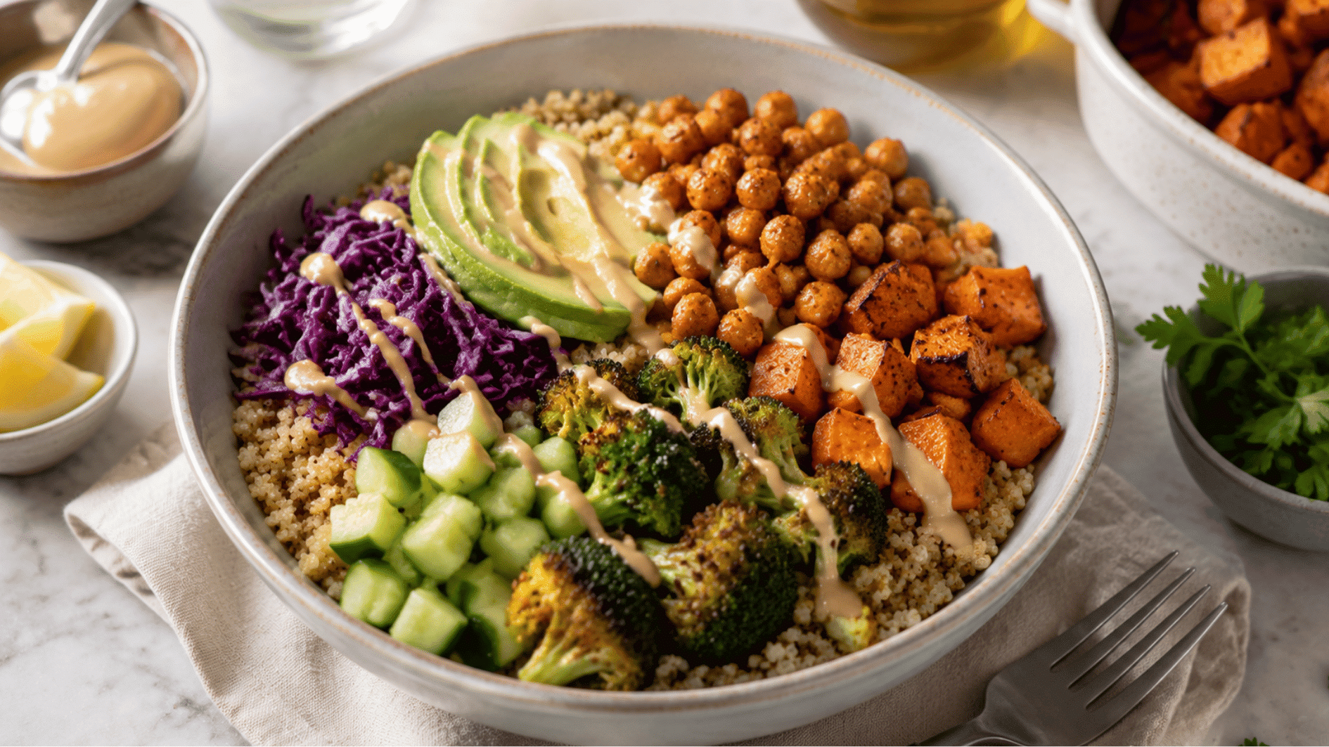 dairy free grain bowl with quinoa roasted vegetables chickpeas avocado and tahini dressing in a bowl