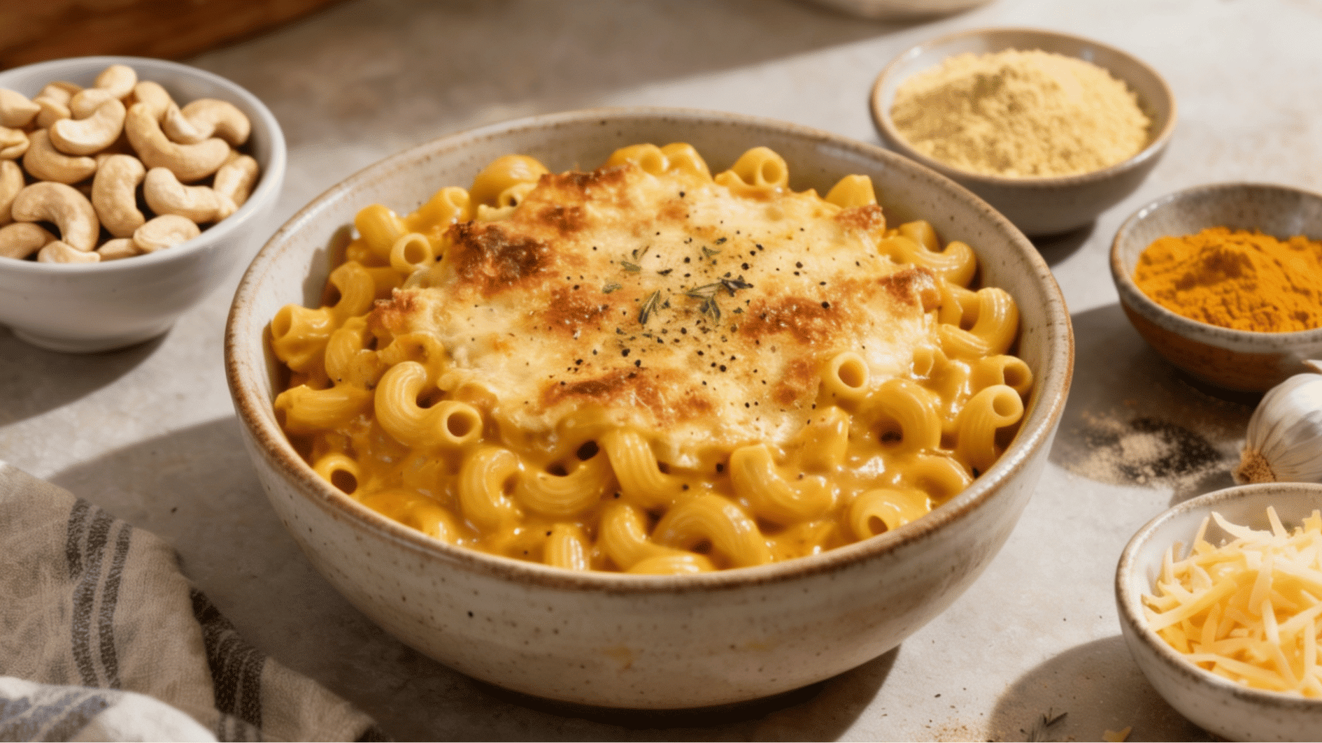 dairy free mac and cheese with golden cashew sauce elbow pasta and dairy free cheese topping in a bowl