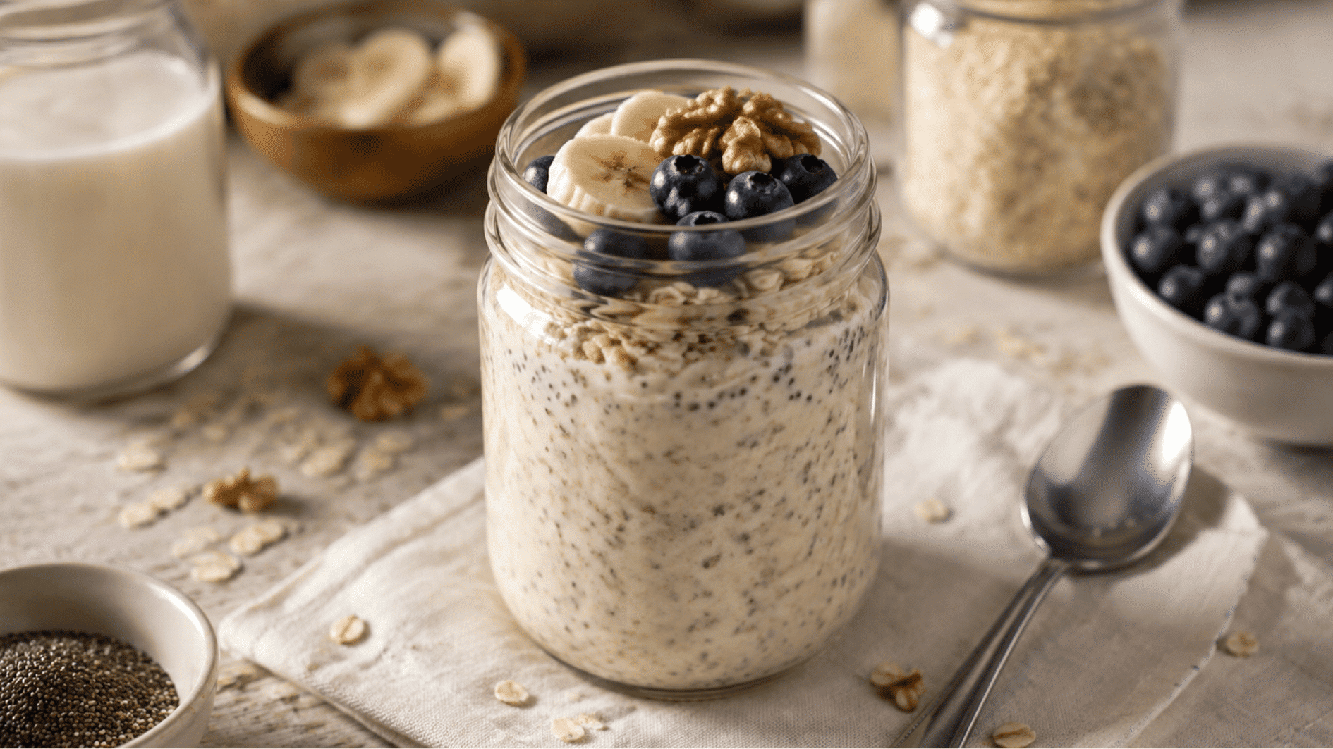 dairy free overnight oats in a glass jar with blueberries banana slices and walnuts on a kitchen table