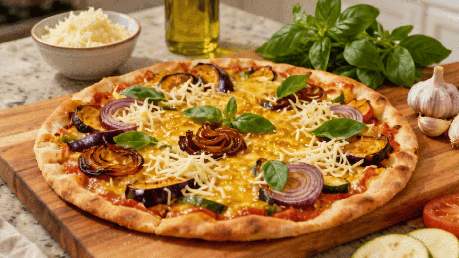 dairy free pizza with thin crust roasted vegetables basil and melted dairy free cheese topping on a board