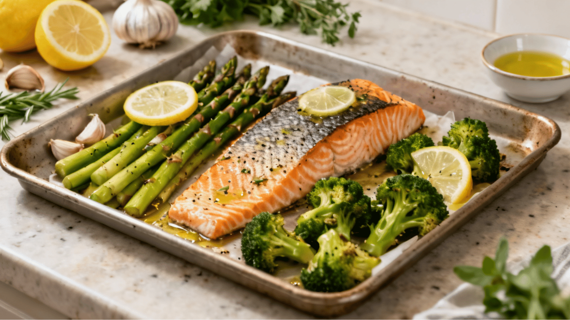 dairy free salmon fillet with roasted asparagus broccoli and lemon on a sheet pan dinner