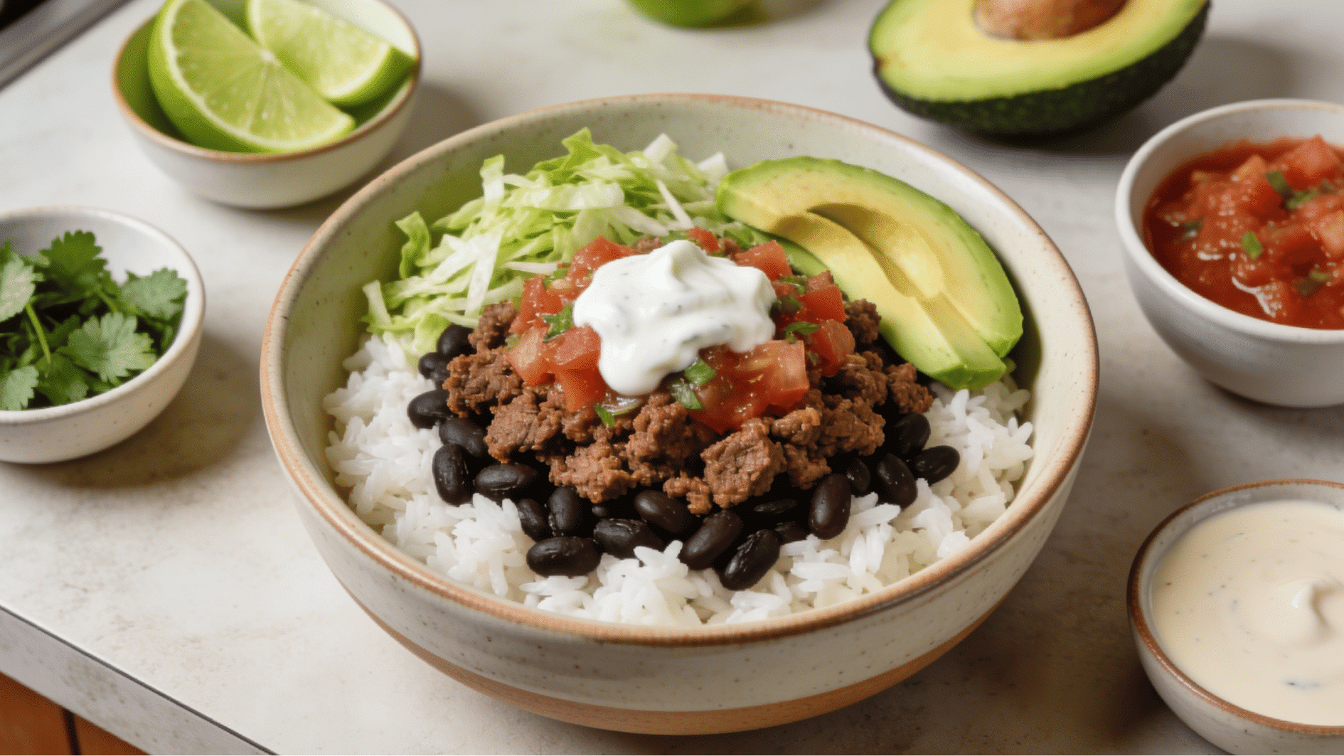 dairy free taco bowl with rice black beans ground beef avocado salsa and lettuce toppings
