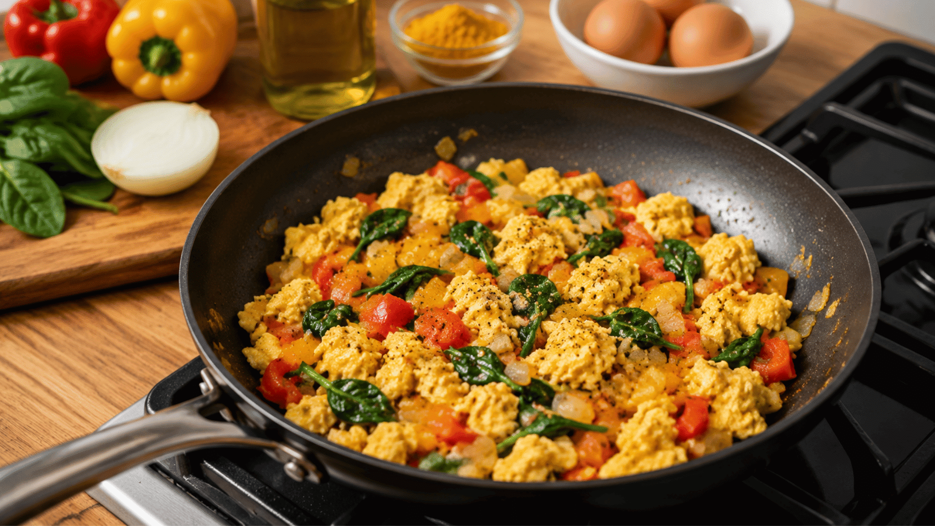 dairy free veggie egg scramble with spinach peppers and onions cooked in olive oil in a home kitchen setting