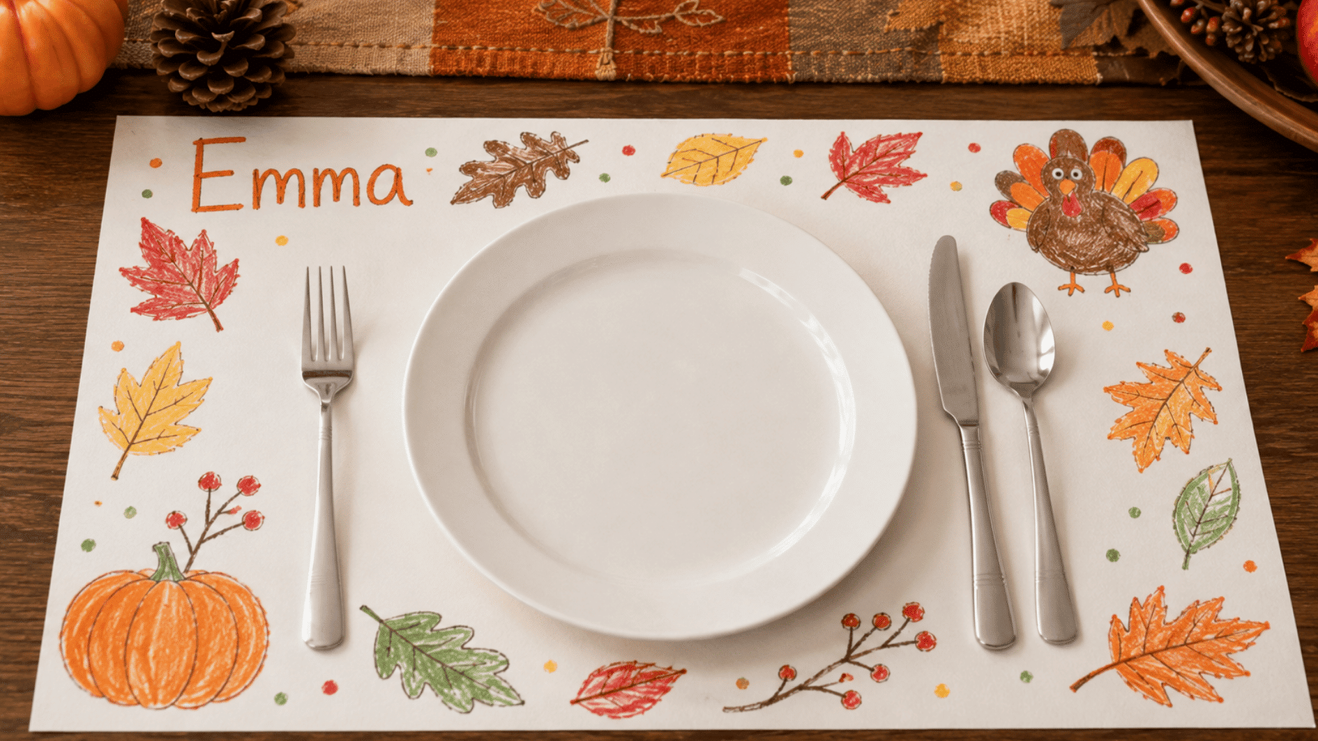 decorated Thanksgiving placemat with hand-drawn leaves, pumpkin, turkey, plate, and utensils