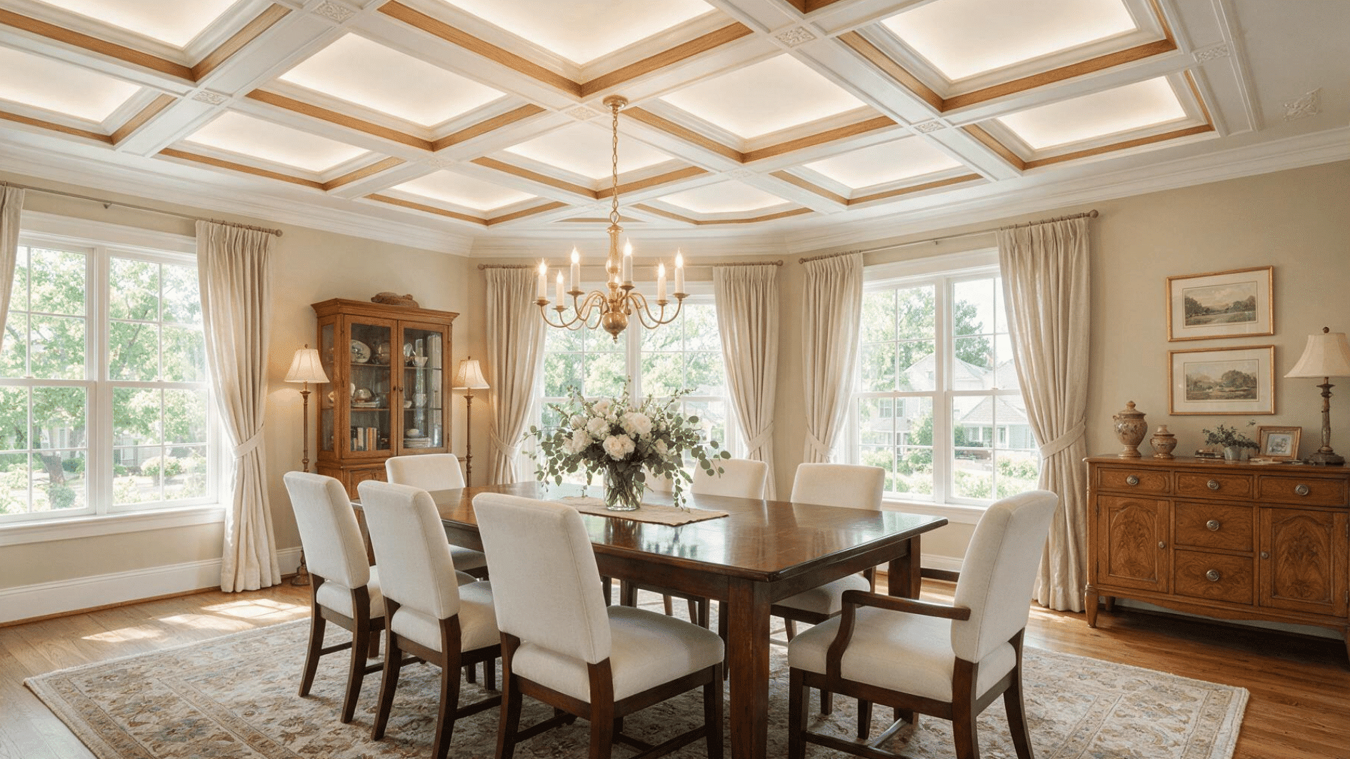 dining room with coffered ceiling details and recessed panel design