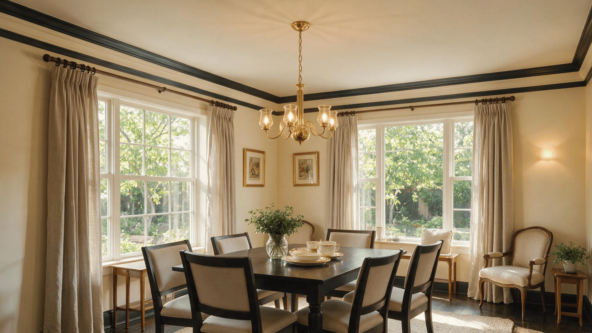 dining room with two tone crown molding creating contrast between walls and ceiling