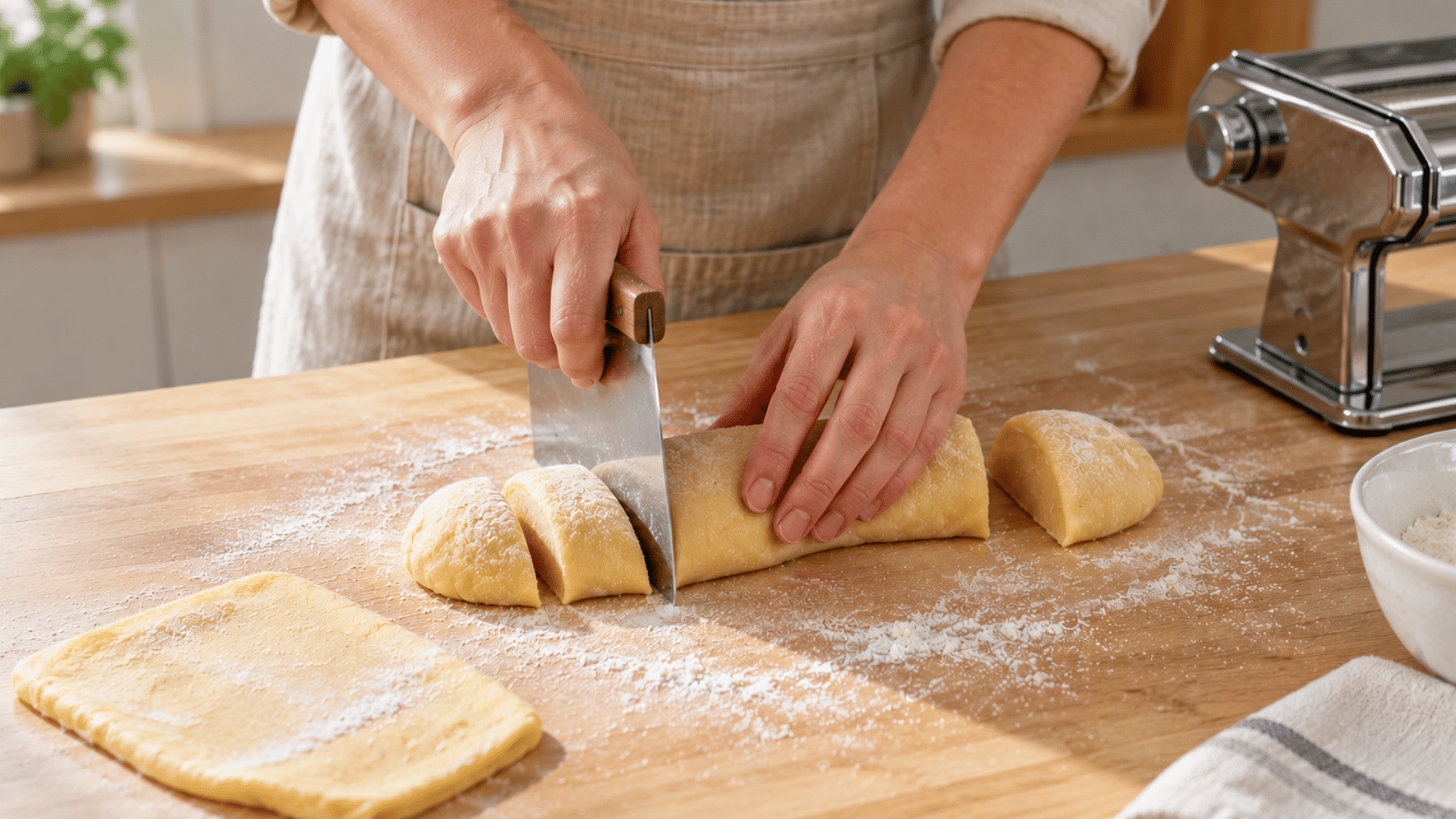 pasta dough being cut into equal portions with a bench scraper before rolling