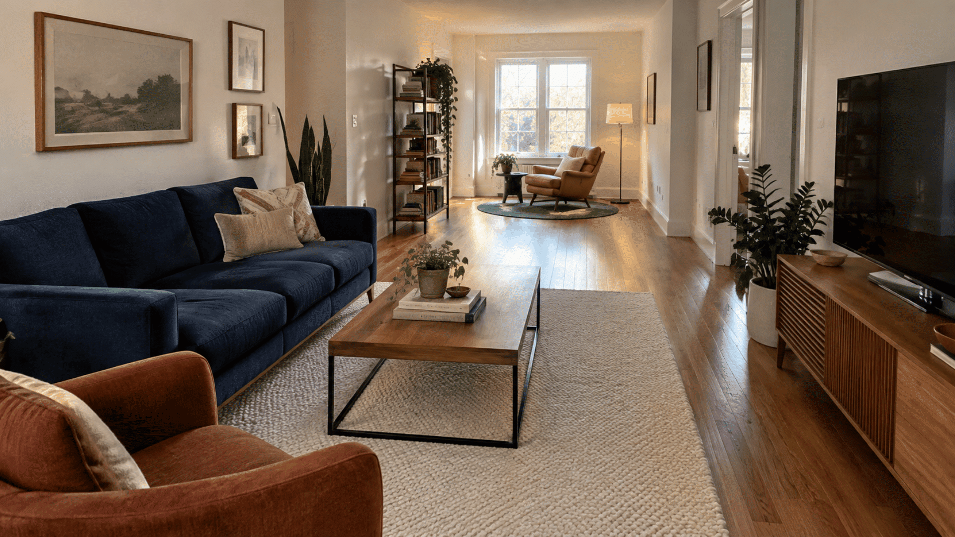 navy sofa area and separate leather chair reading nook arranged in a long living room