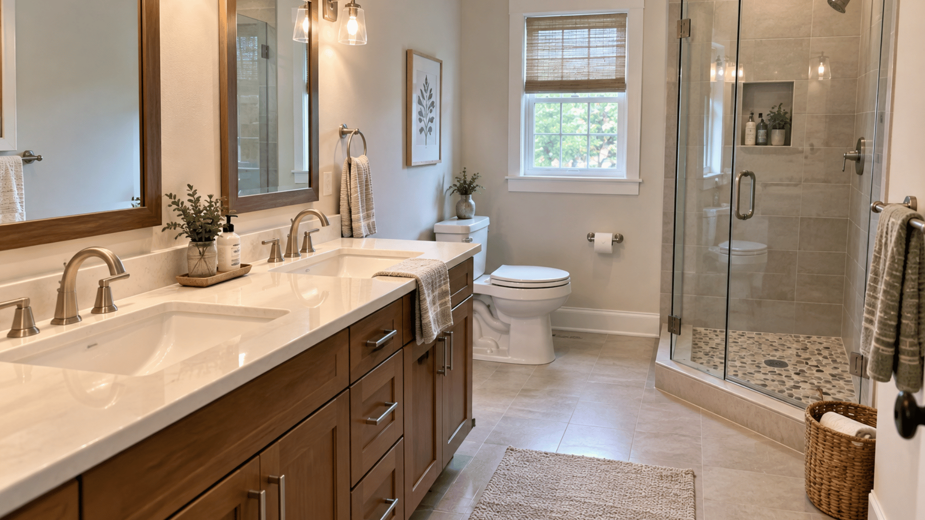 shared 3/4 bathroom with double vanity toilet and glass shower in a wider family layout