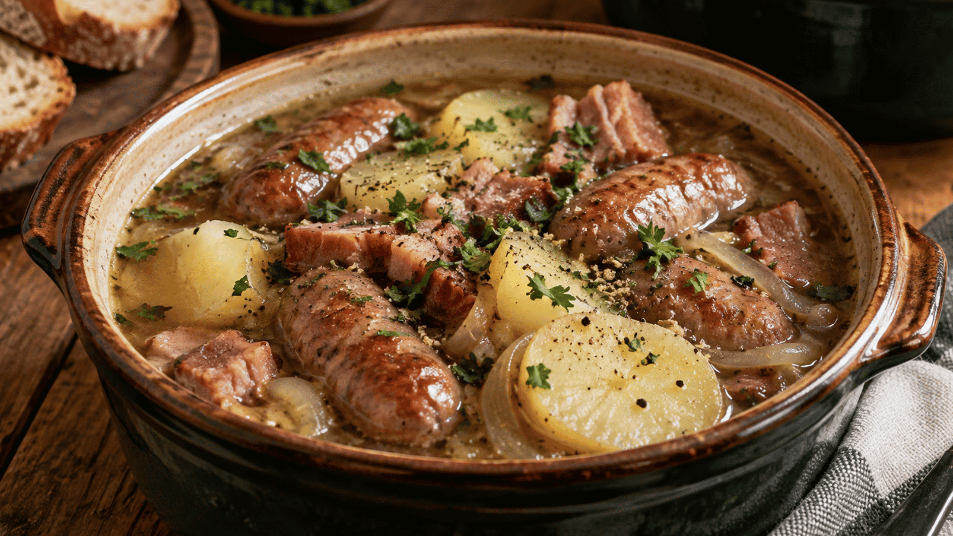 dublin coddle with sausages, bacon, potatoes and onions simmered together in a rustic pot
