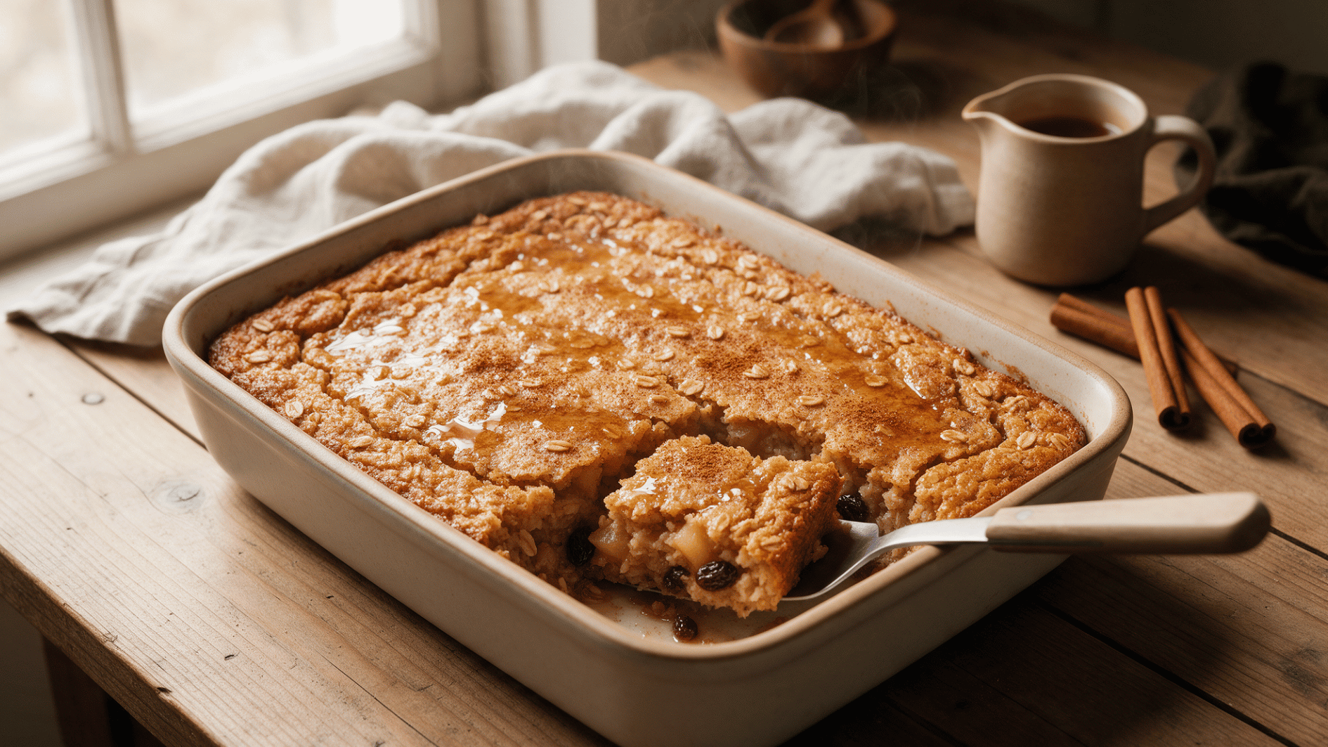 classic cinnamon maple baked oatmeal in a baking dish with a golden top